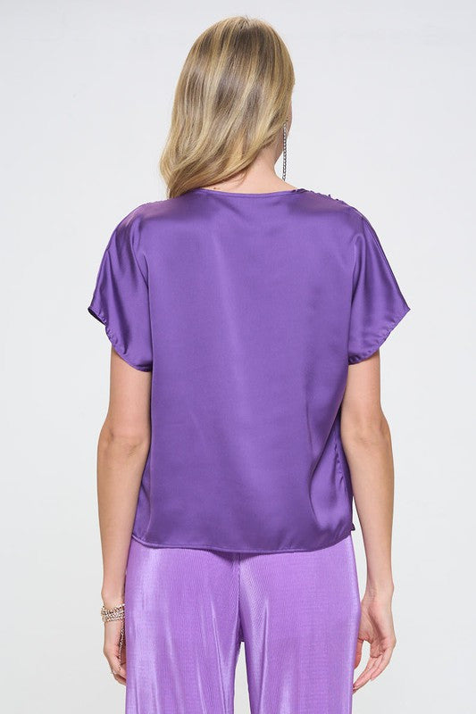 Satin Cowl Neck Short Sleeve Top-3