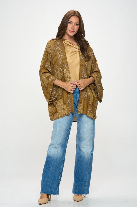 Boho Patch Print Open Front Kimono Cardigan-4