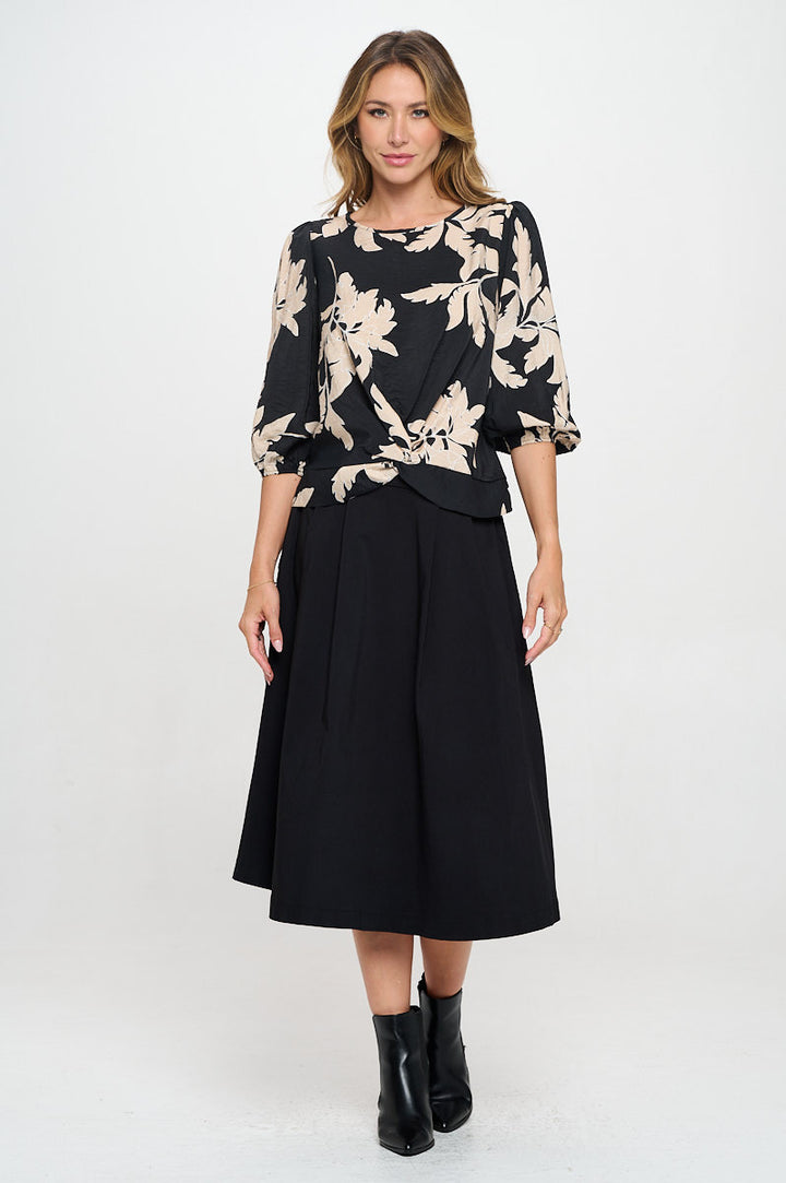 Floral Print 3/4 Sleeve Top with Front Twist-4