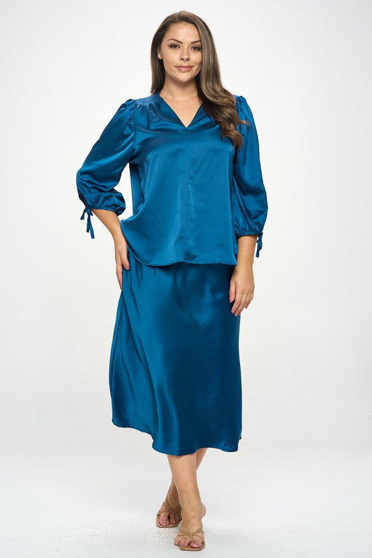 Stretch Satin Bold V neck Top with Tie Sleeve-4