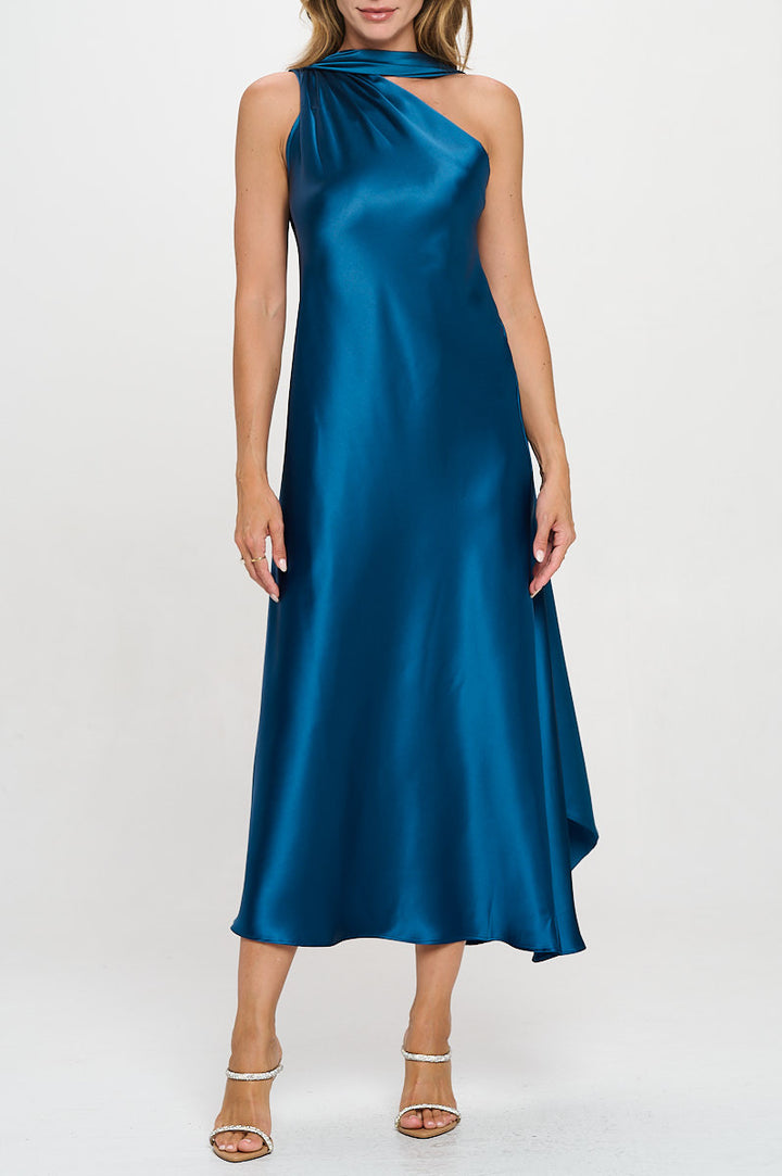 One Shoulder Satin Maxi Dress with Scarf Detail-3
