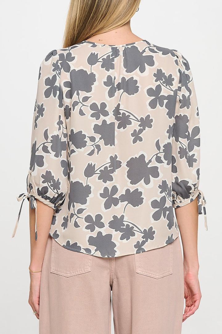 Floral Print V neck Top with Sleeve Tie-3