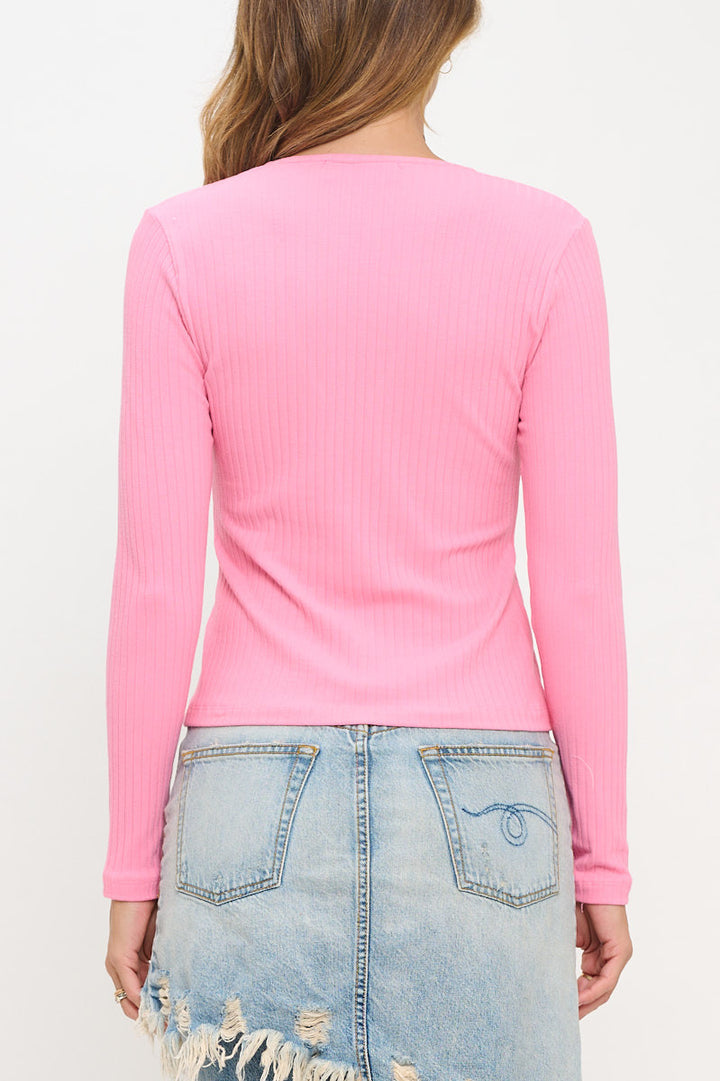 Rib Knit Long Sleeve Top with Front Tie Detail-3