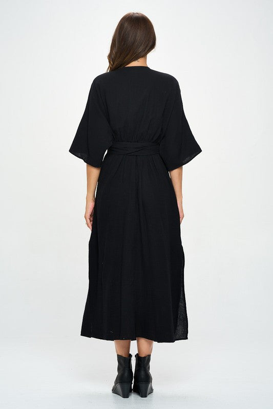 Solid Kimono Style Maxi Dress with Tie-5