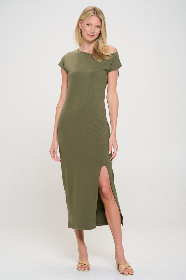 Solid Off the Shoulder Maxi Dress with Slit-1