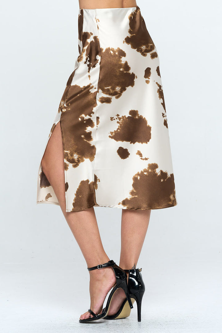 Satin Cow Print Midi Skirt with Slit-2