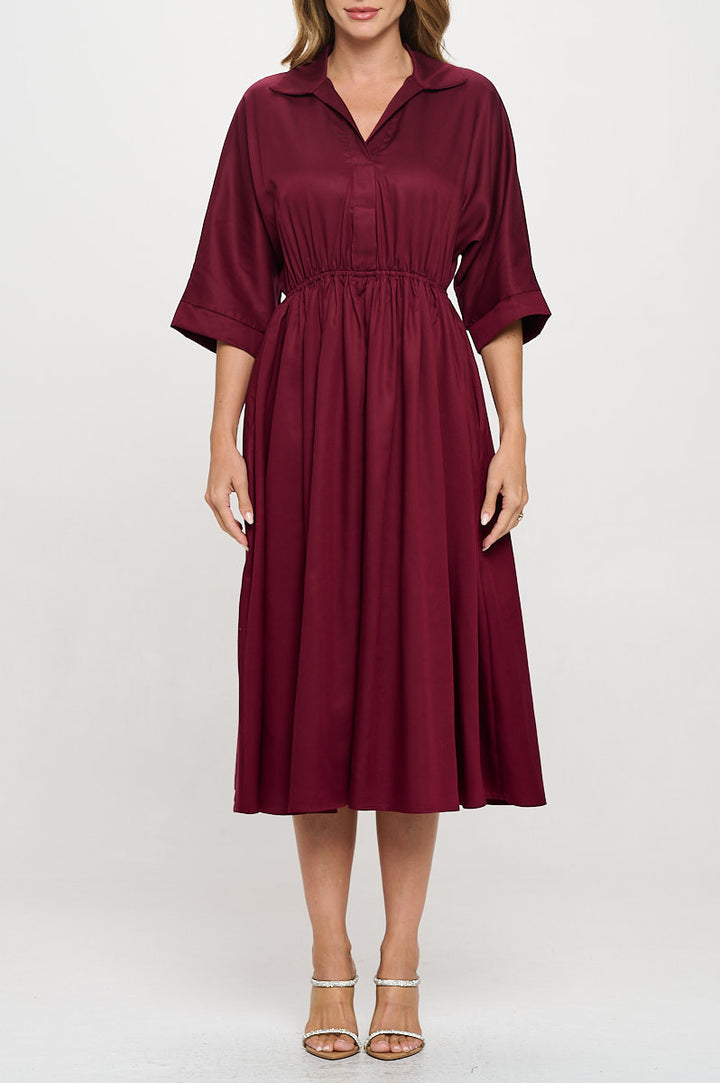 Tencel Collared V neck Midi Dress with Pockets-3