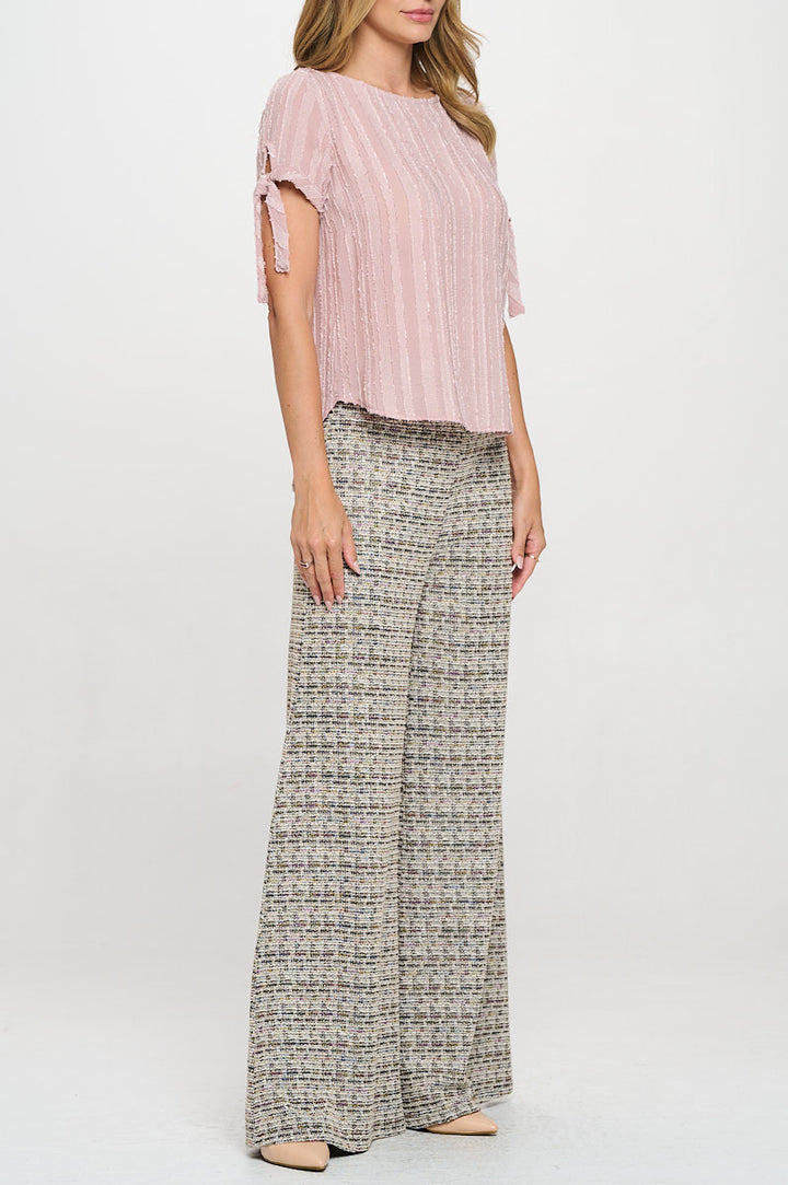 Textured Solid Short Sleeve Top with Tie Sleeve-2