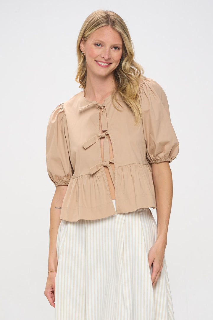 Cotton Puff Sleeve Top with Front Tie Detail-1