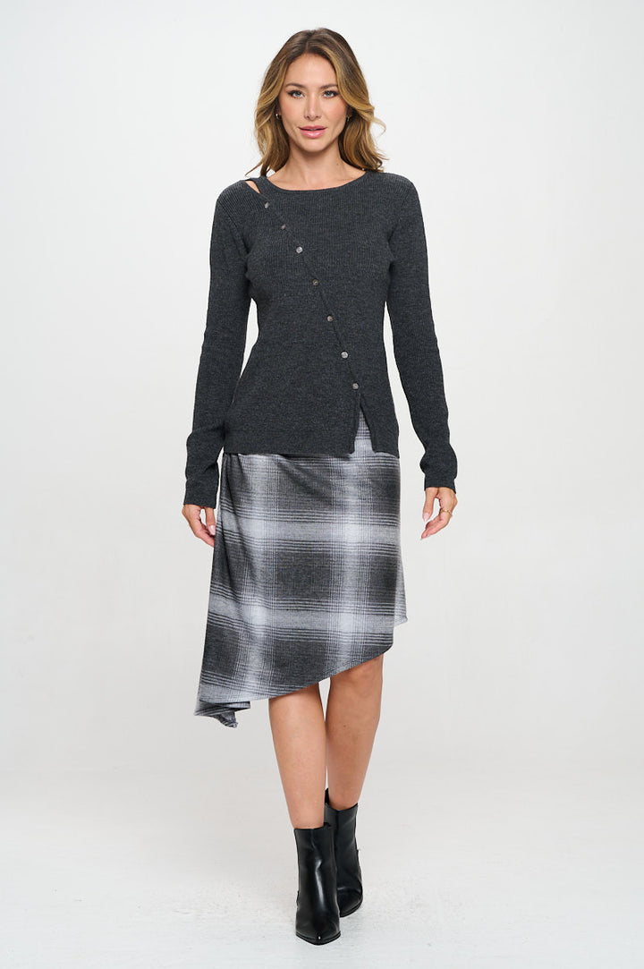 Knit Asymmetrical Button Front Long Sleeve Sweater-4