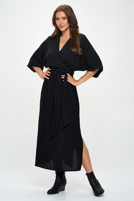Solid Kimono Style Maxi Dress with Tie-4
