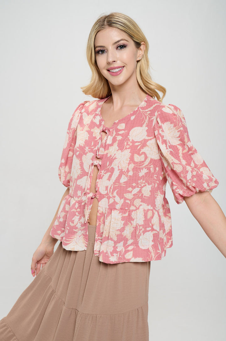Floral Print Open Front Tie Detail with Puff Sleeve-1