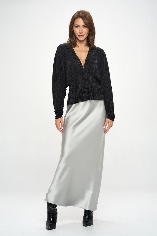Plisse V neck Top with Balloon Dolman Sleeve-4