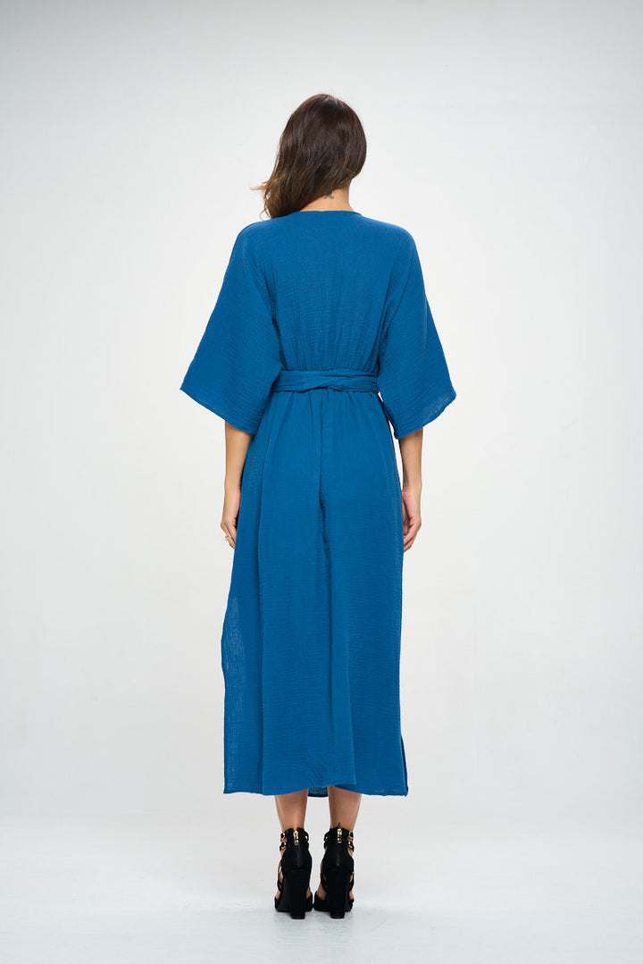 Solid Kimono Style Maxi Dress with Tie-3