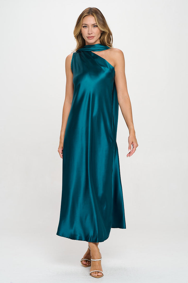 One Shoulder Satin Maxi Dress with Scarf Detail-2
