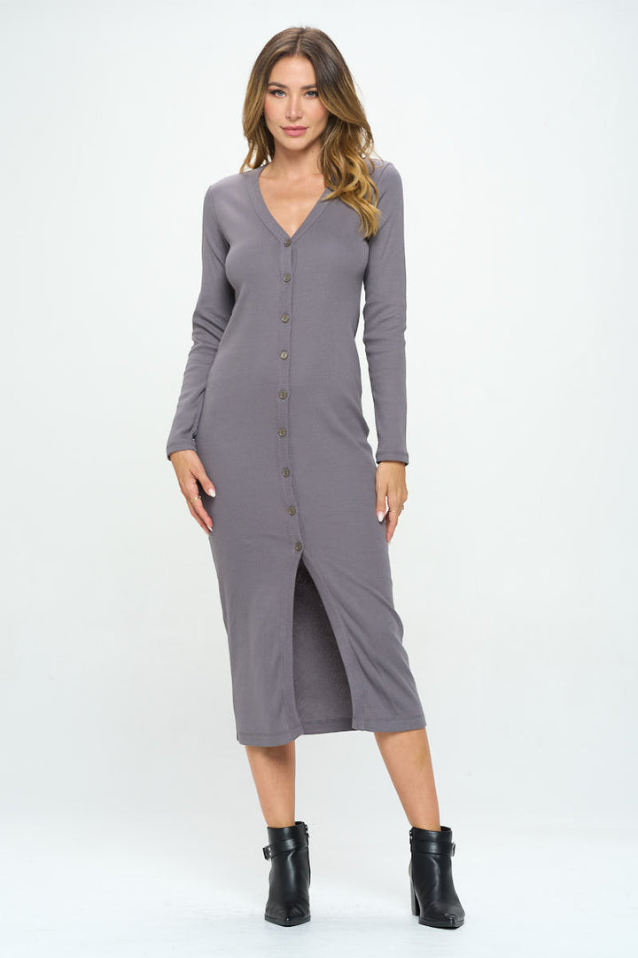 Solid Rib Knit Cardigan Midi Dress with Slit-2