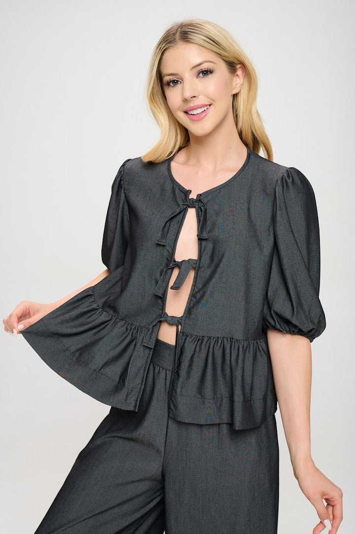 Denim Tencel Puff Sleeve Top with Front Bow Detail-2