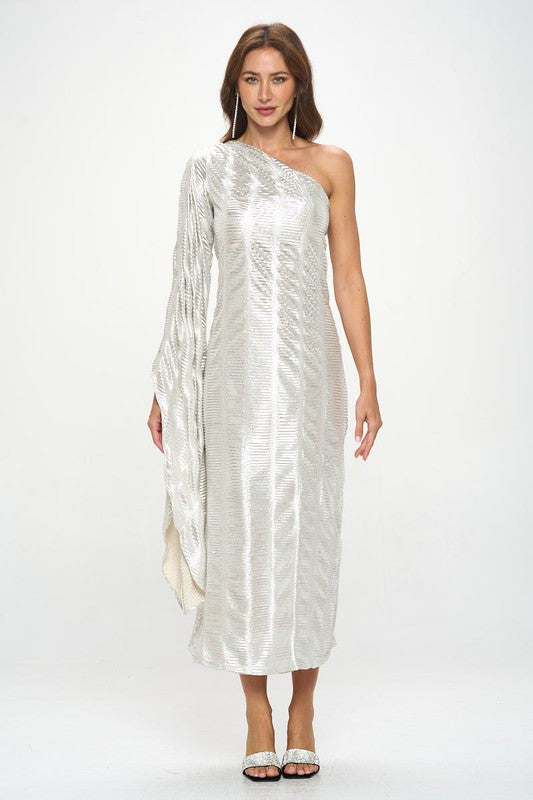 Metallic One Shoulder Bell Sleeve Maxi Dress-4