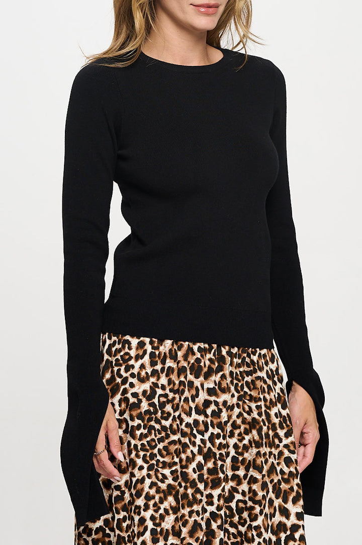 Rib Knit Round neck Sweater with Open Long Sleeve-2