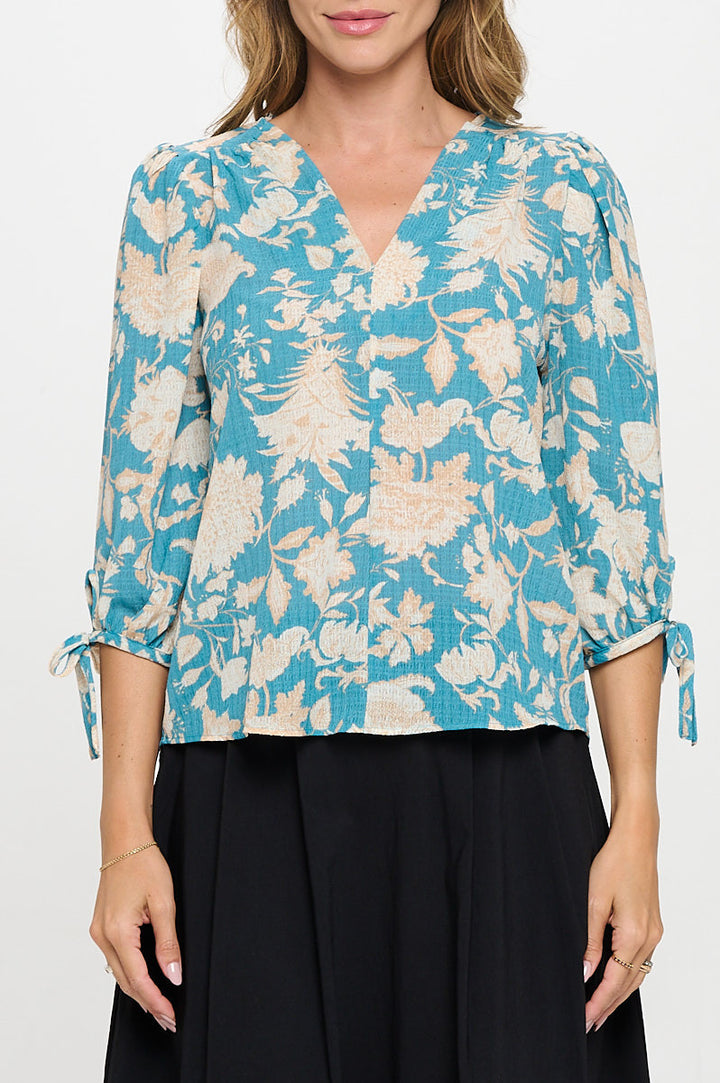 Floral Print V neck Top with Sleeve Tie-1