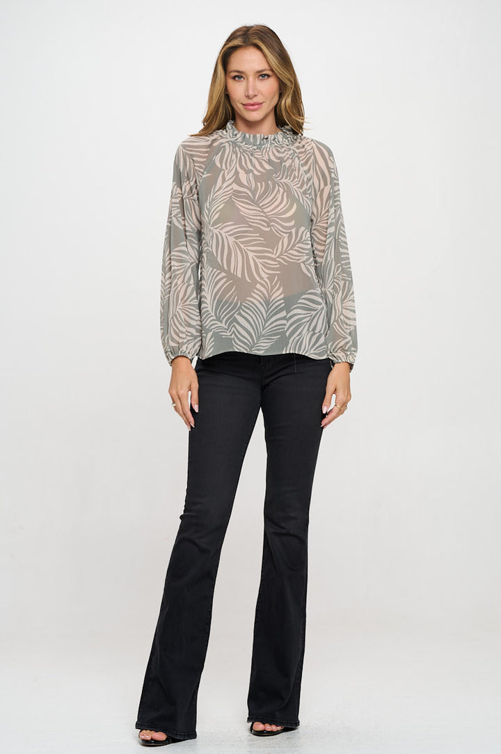 Print Sheer Ruffle Mock Neck Top-4