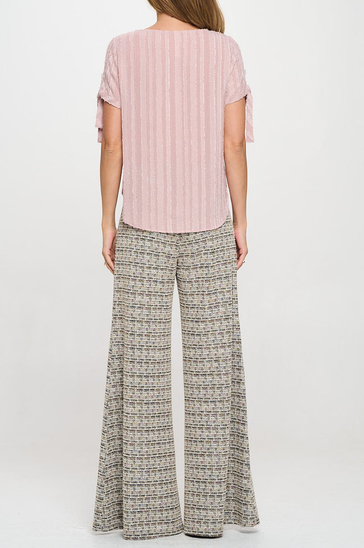 Textured Solid Short Sleeve Top with Tie Sleeve-3