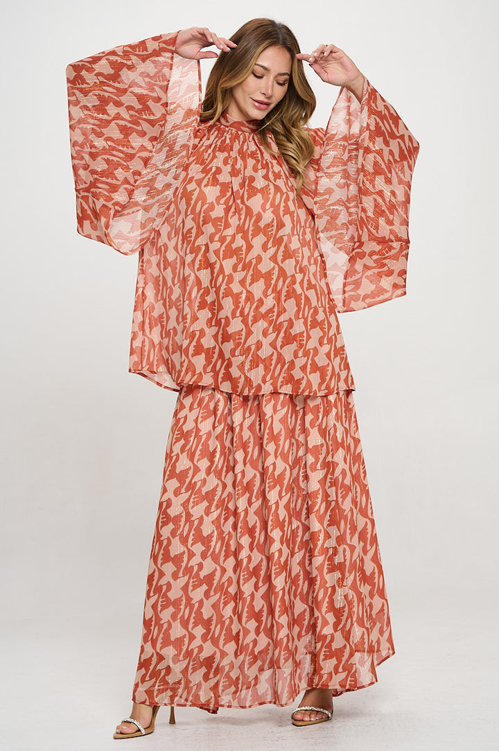 Print Sheer Long Bell Sleeve Top with Back Tie Detail-4