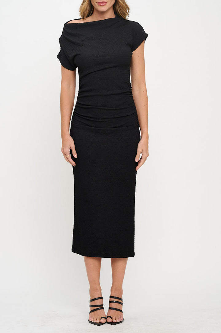 Textured Cowl neck Midi Bodycon Ruched Dress-1