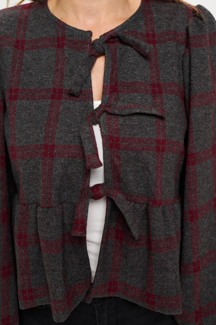 Plaid Long Puff Sleeve Top with Open Front Tie Detail-1