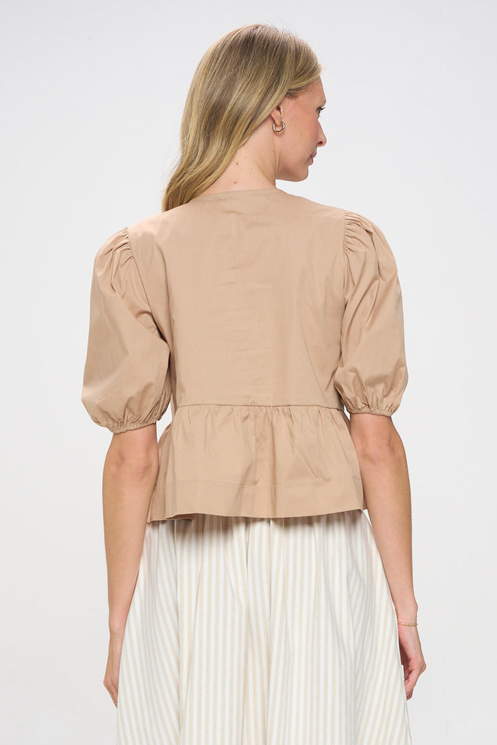 Cotton Puff Sleeve Top with Front Tie Detail-3