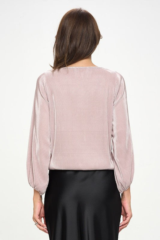 Plisse Solid Round neck Top with 3/4 Sleeve-3