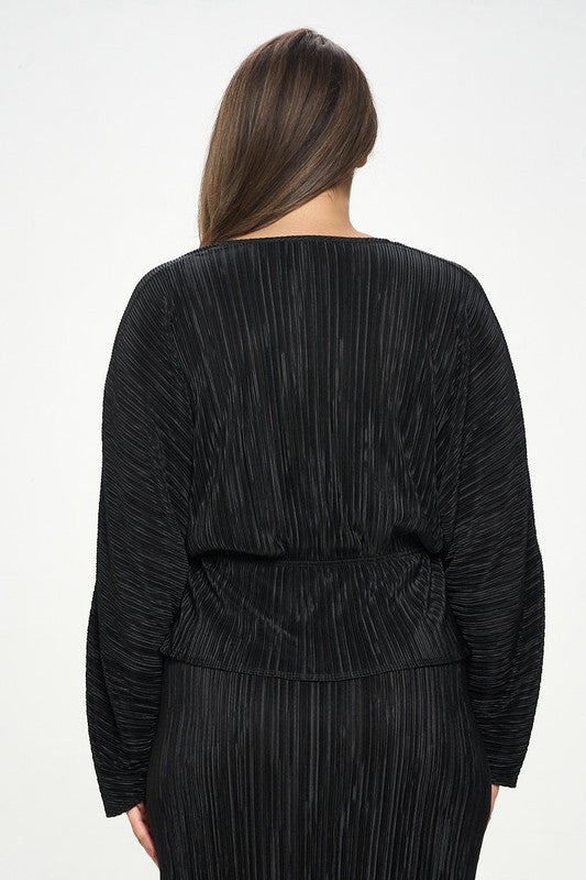 Plisse V neck Top with Balloon Dolman Sleeve-3
