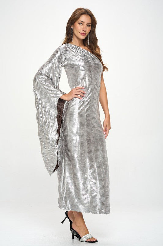 Metallic One Shoulder Bell Sleeve Maxi Dress-4