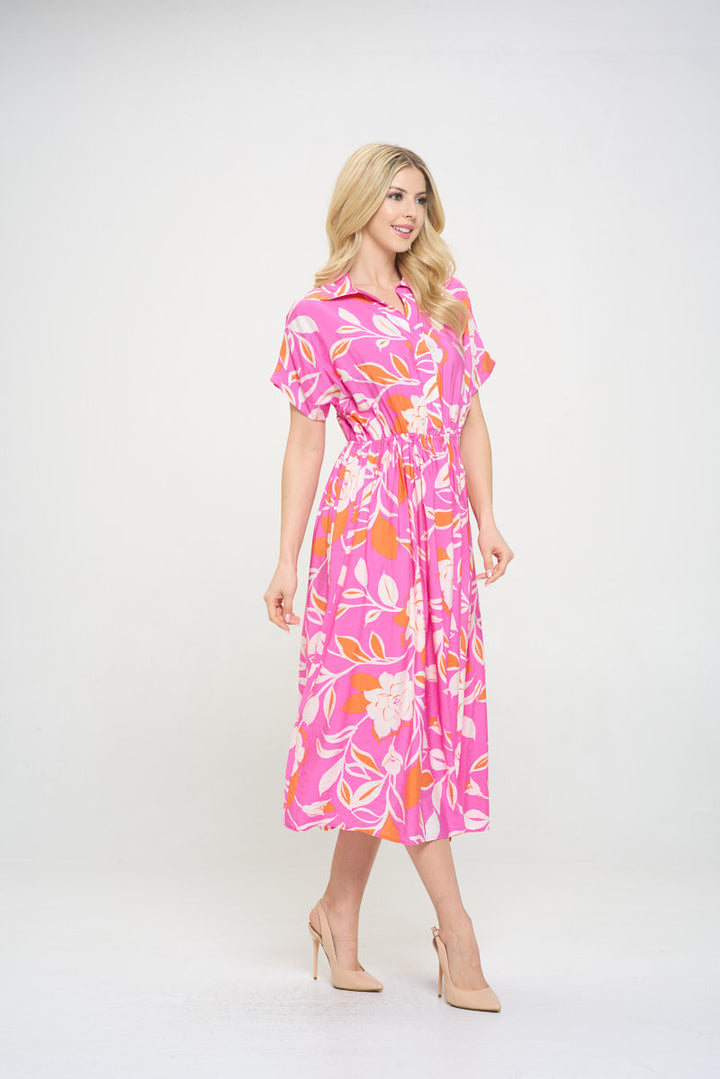 Flower Print Collared V neck Midi Dress with Pockets-3
