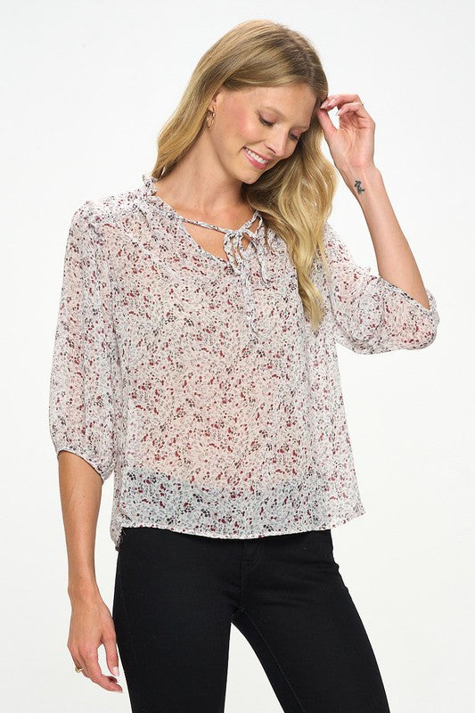 Floral Print Semi Sheer Top with Tie-2