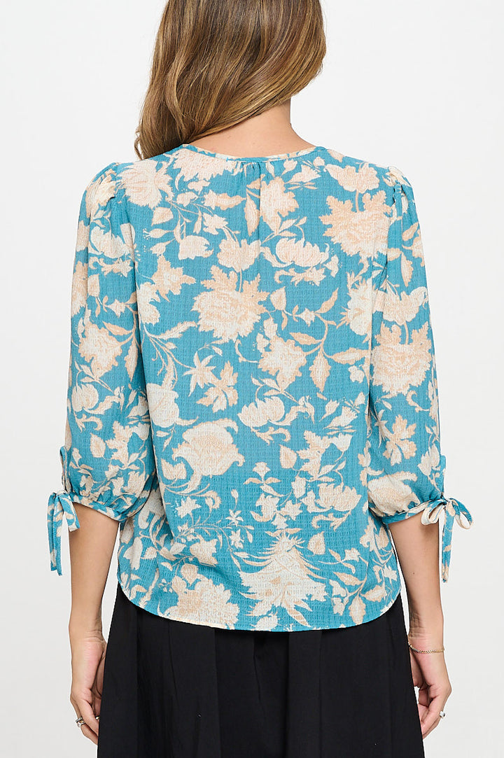 Floral Print V neck Top with Sleeve Tie-3