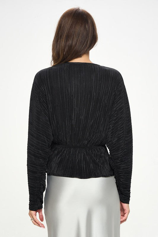 Plisse V neck Top with Balloon Dolman Sleeve-3