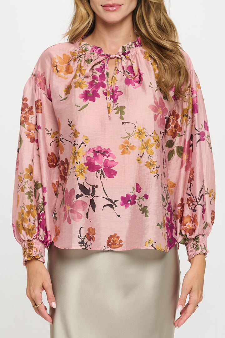 Floral Print V neck Top with Cuffed Sleeve-2