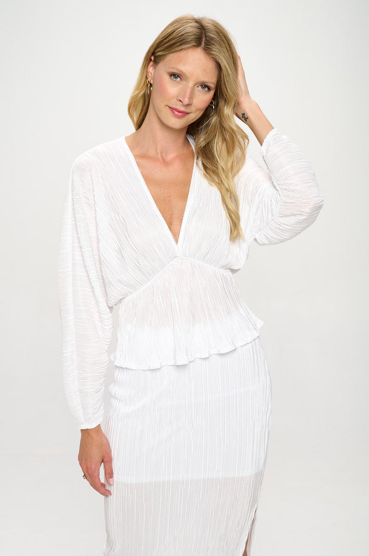 Plisse V neck Top with Balloon Dolman Sleeve-1