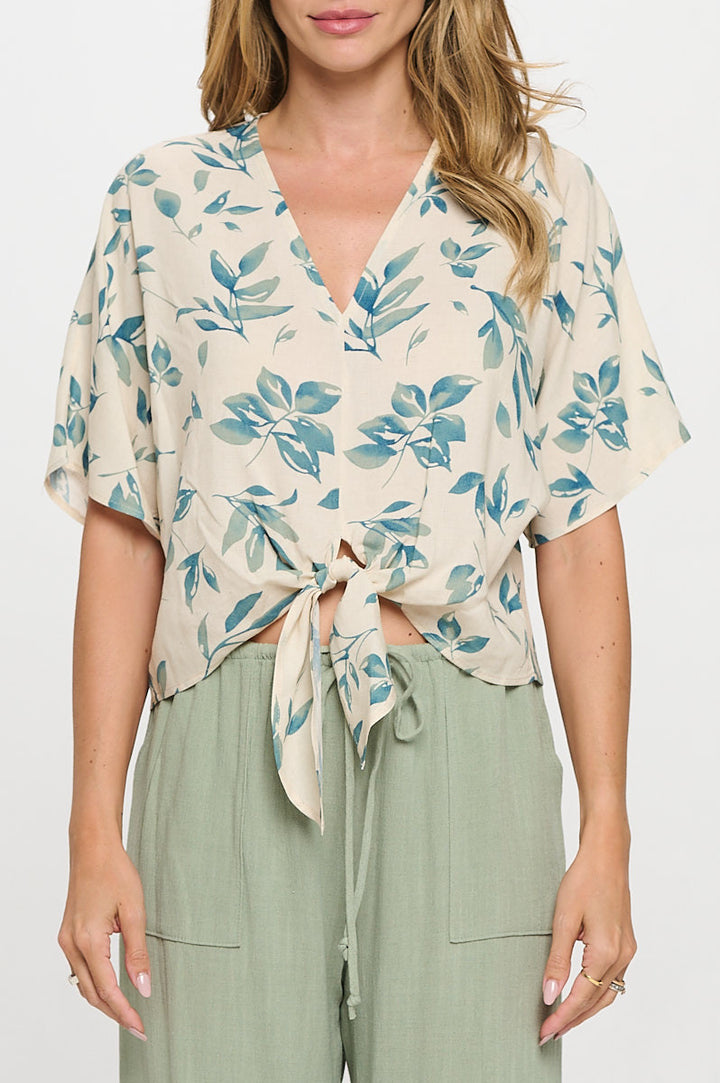 Linen Floral Print V neck Top with Front Tie-1