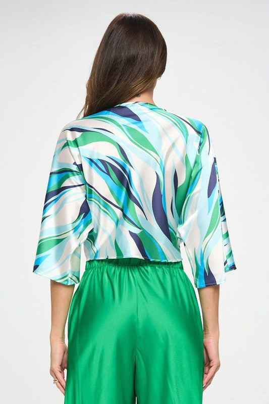 Multi Print Satin Mid Sleeve Top with Front Twist-3