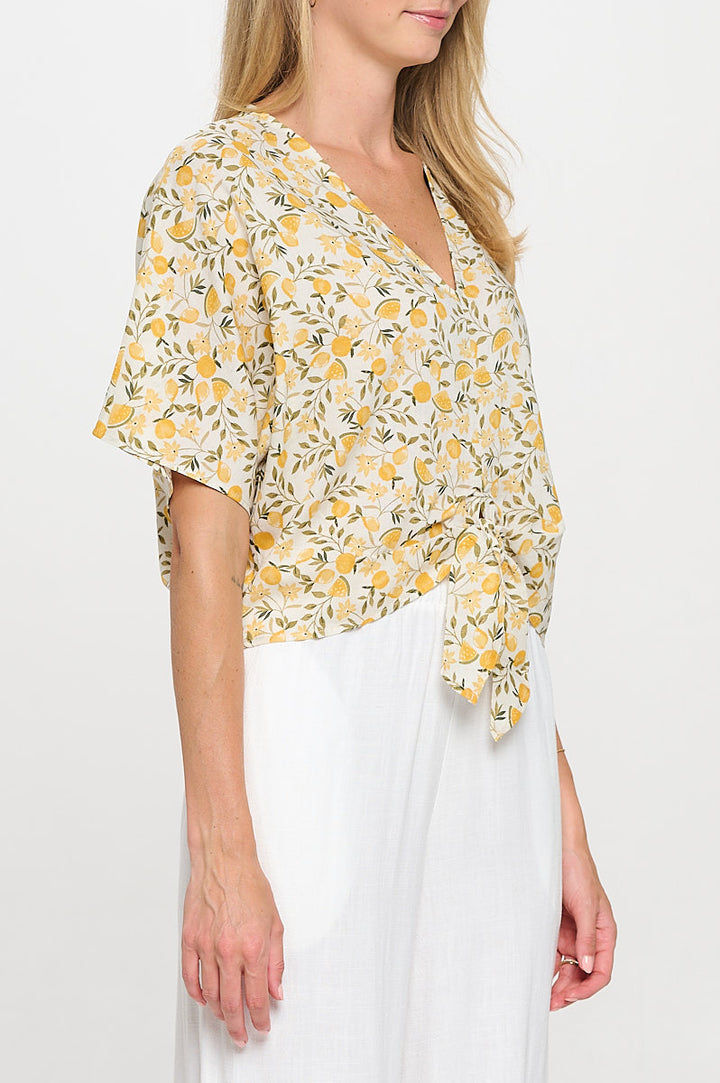 Linen Floral Print V neck Top with Front Tie-2