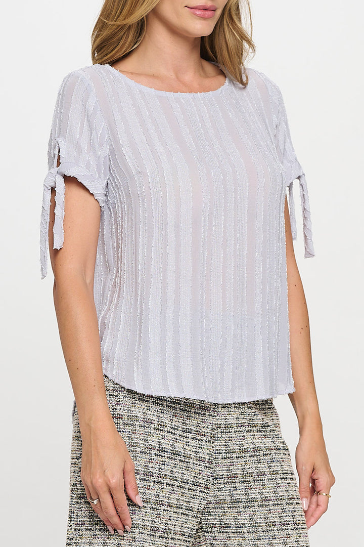 Textured Solid Short Sleeve Top with Tie Sleeve-2