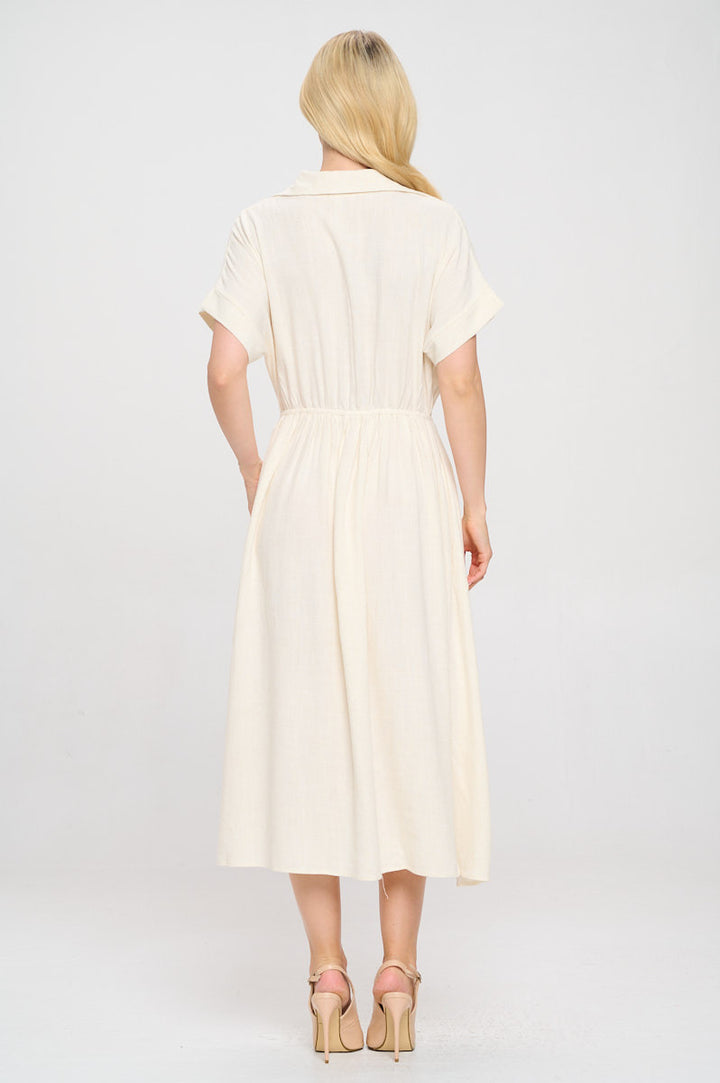 Linen Solid Collared V neck Dress with Pockets-4