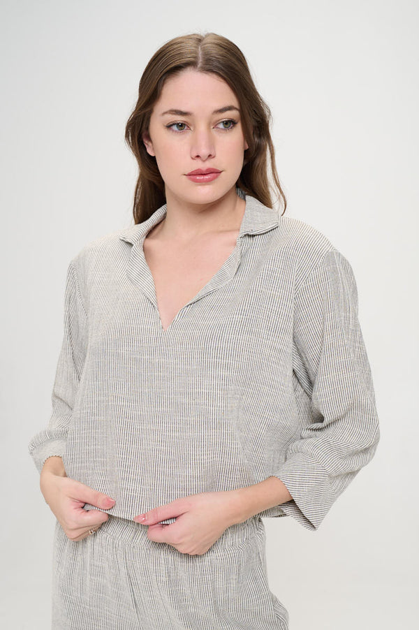 Cotton Striped V neck Collared Crop Top-0