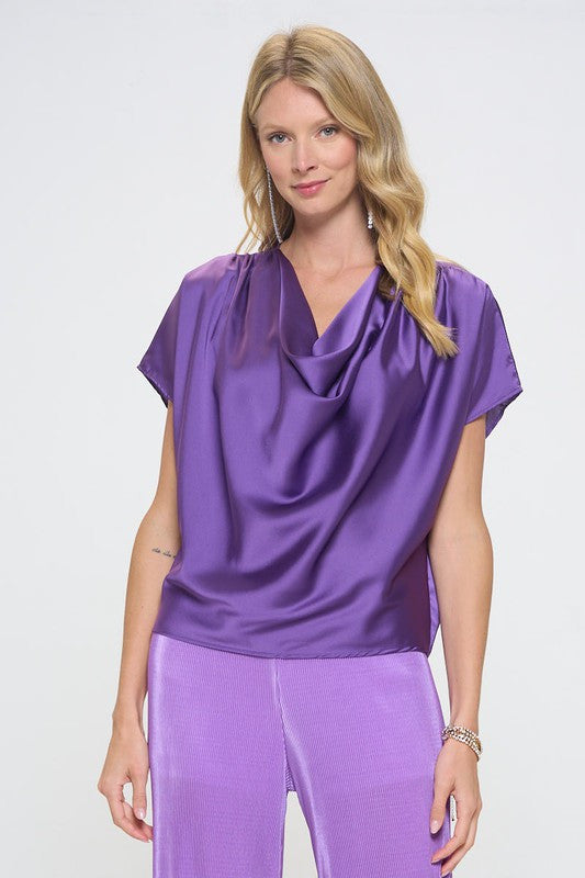Satin Cowl Neck Short Sleeve Top-2