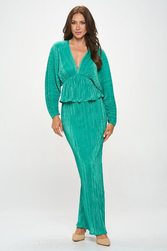 Plisse V neck Top with Balloon Dolman Sleeve-4