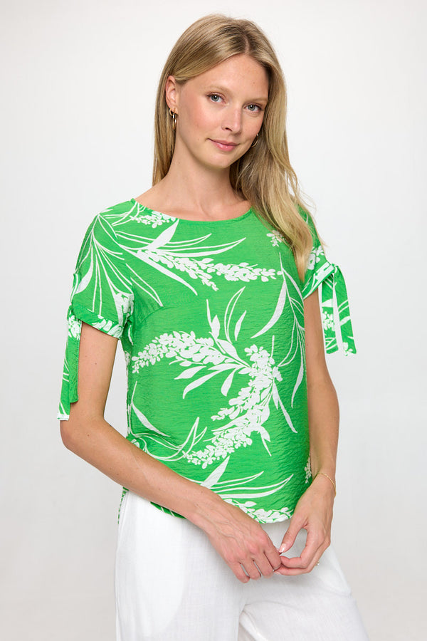 Floral Print Short Sleeve Top with Tie Sleeve-0