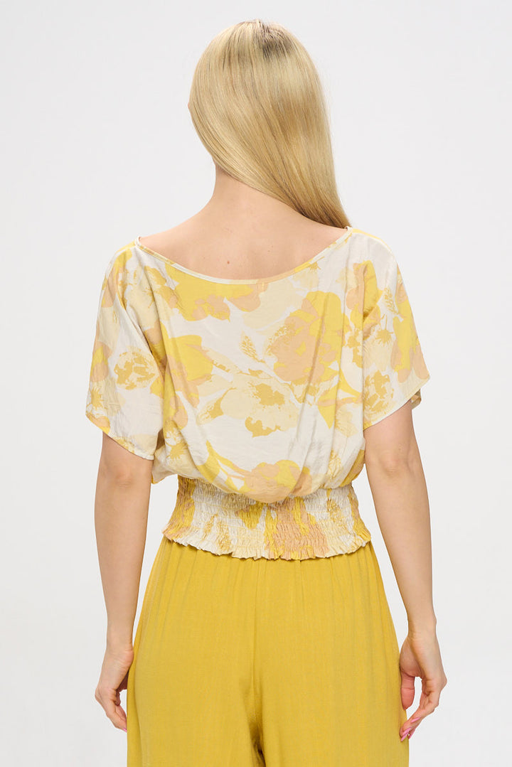 Floral Print Short Sleeve Top with Smock Hem-3
