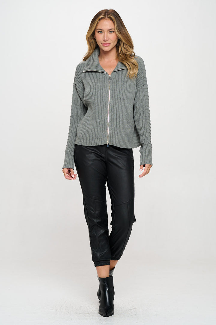 Cotton Knit Detail Long Sleeve Zip Up Sweater-4